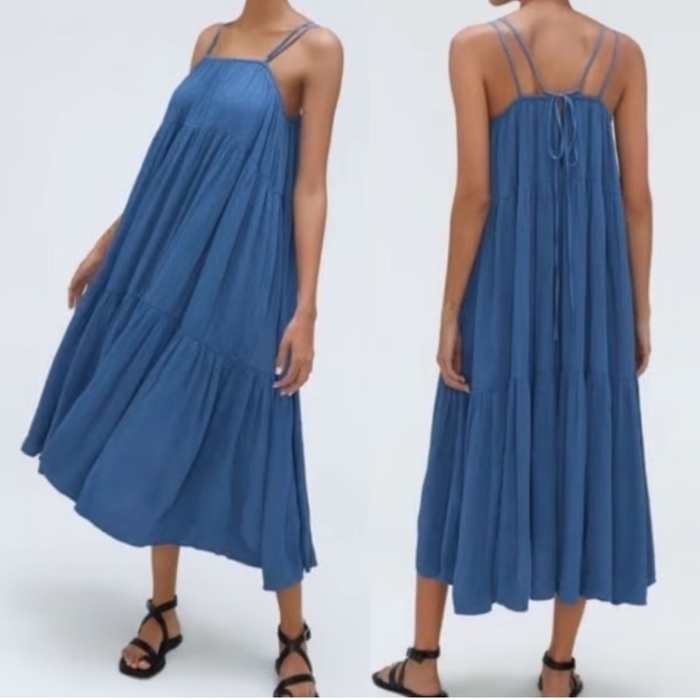 Everlane Naia Tiered Maxi Dress Cobalt Blue Women's M A Line Sustainable Pockets
